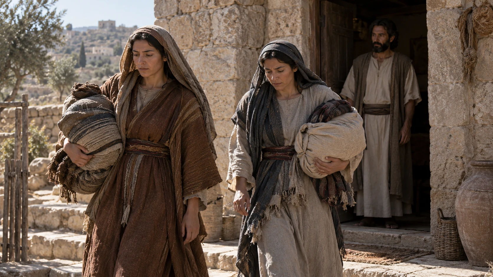 Two women carrying bundles leave a household threshold.