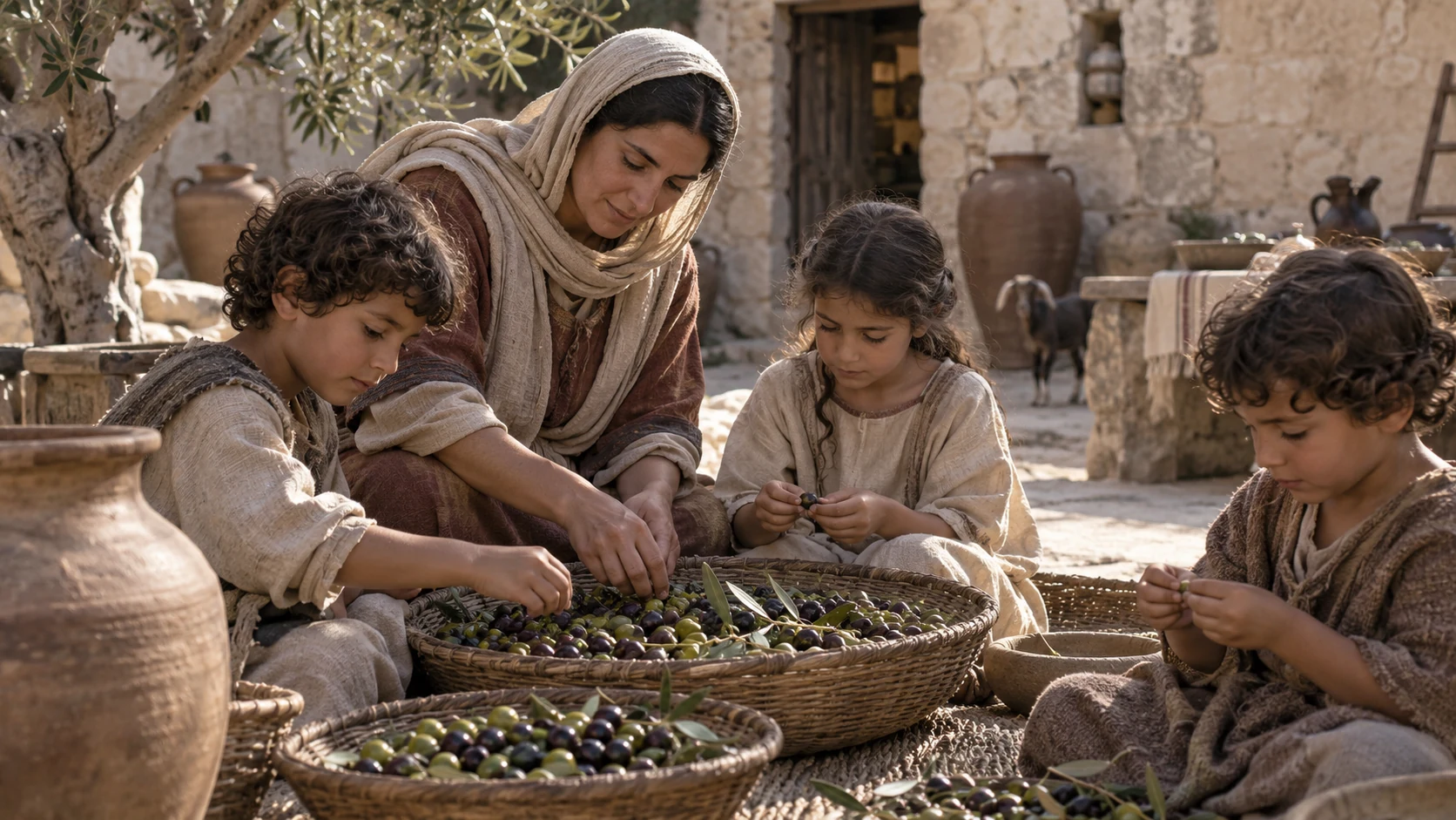 A mother and children sort olives in a courtyard.