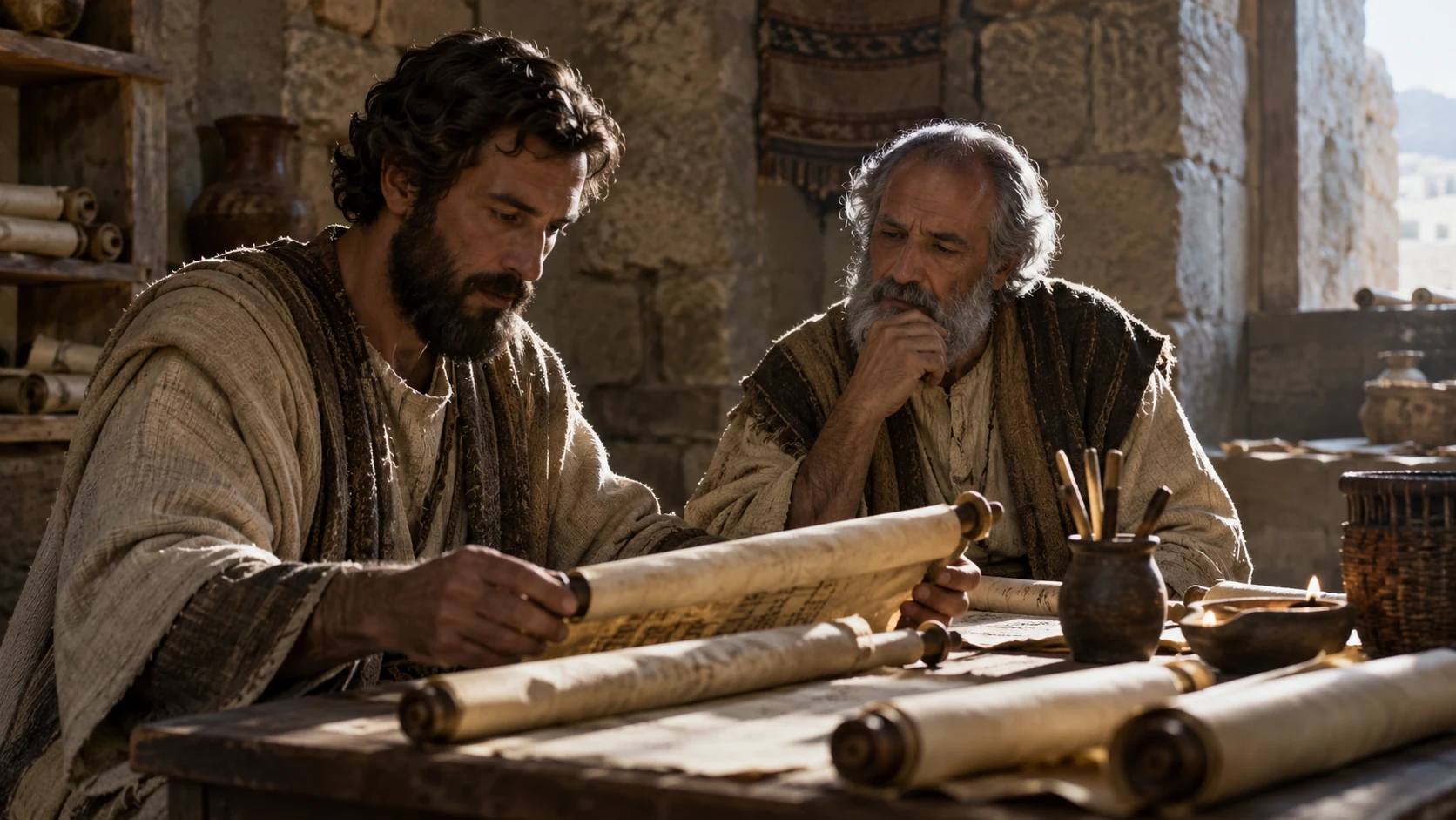 An elder and a scribe consult a rolled family record.
