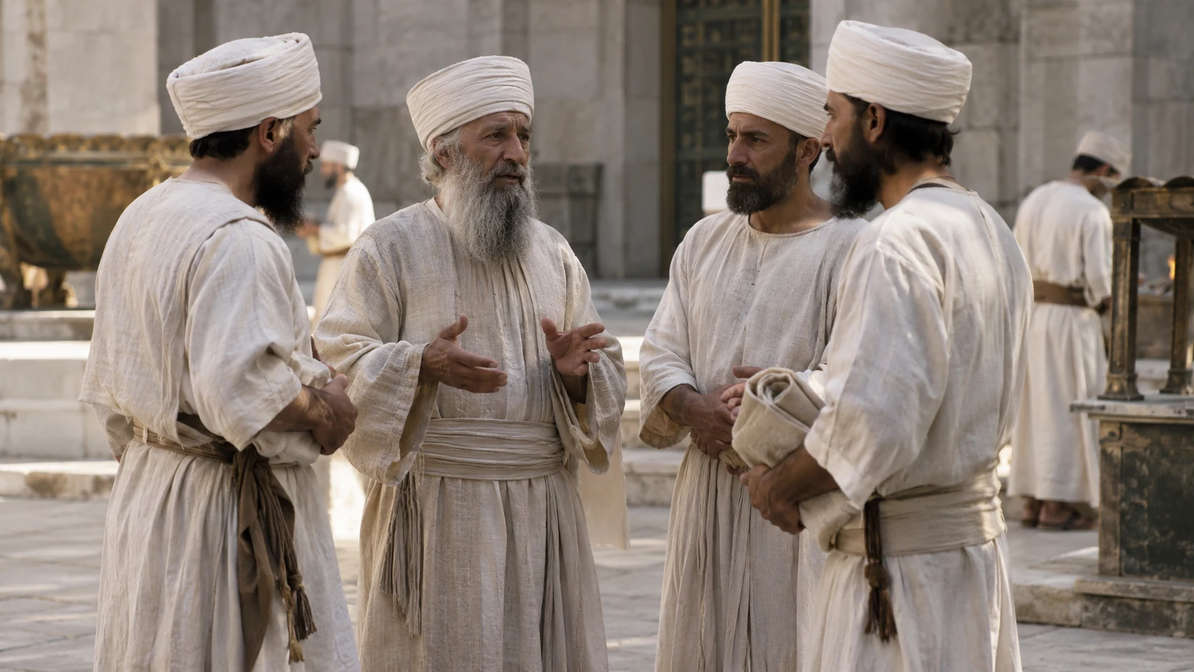 Priests confer in plain linen clothing beside a sanctuary courtyard.