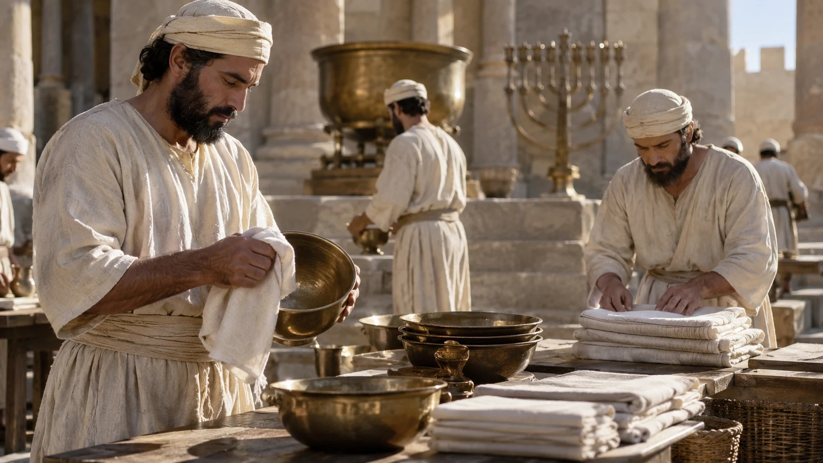 Men prepare service vessels and folded linen.