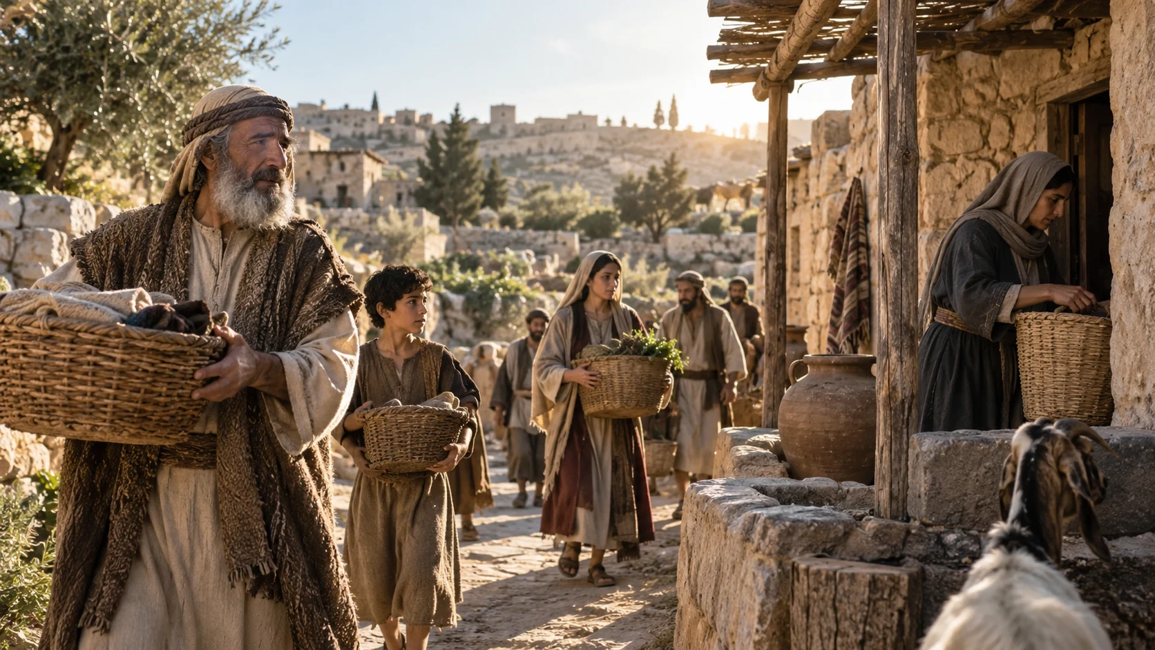 Levite households carry baskets among village dwellings.