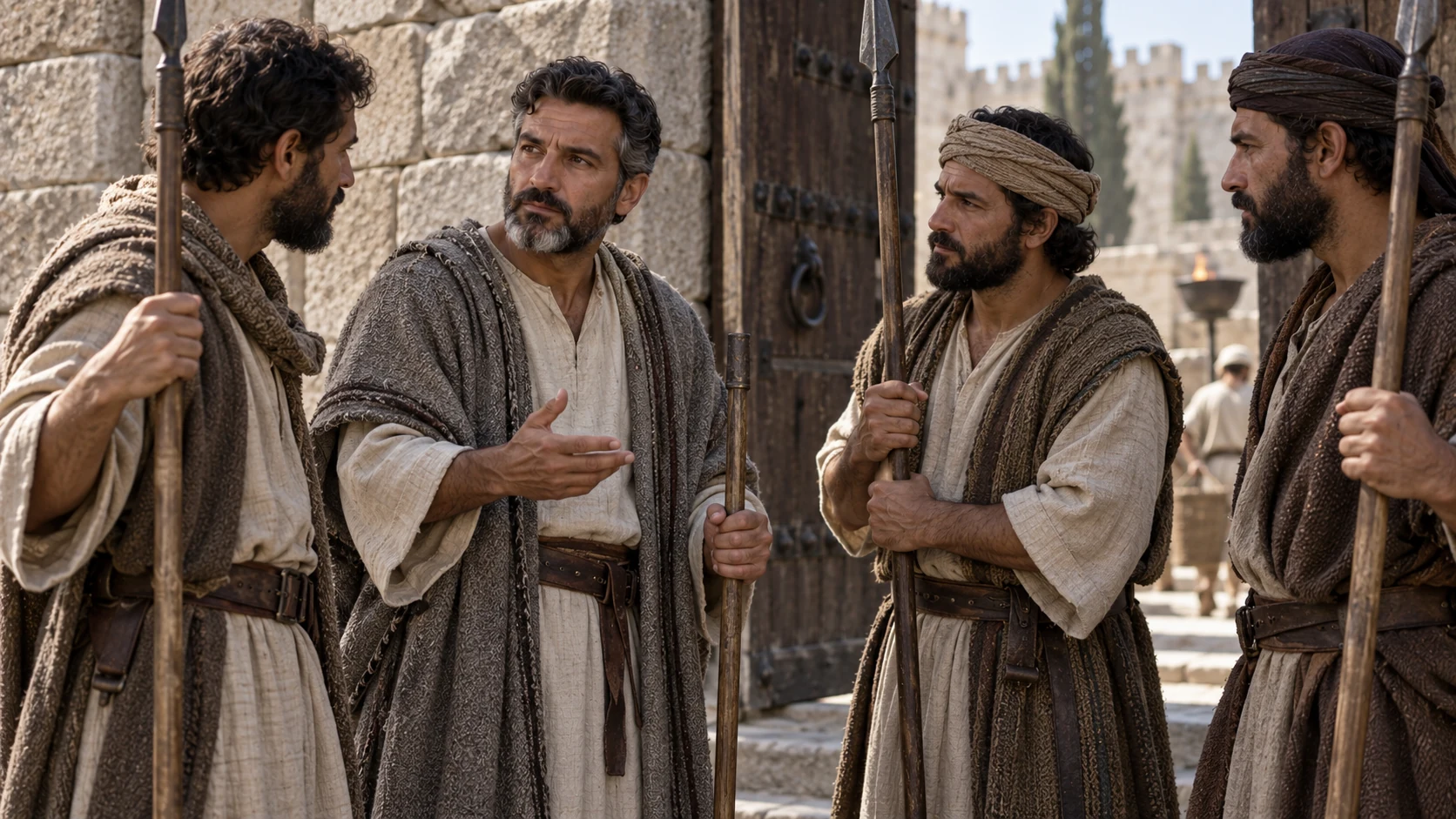 Shallum confers with three fellow gatekeepers at a stone entrance.