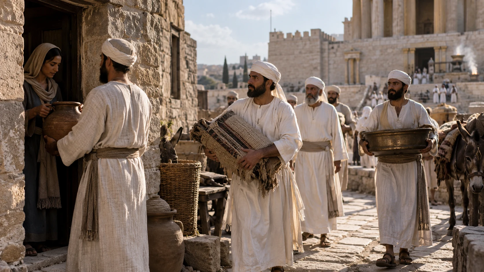 Temple-service households carry supplies through a stone courtyard.