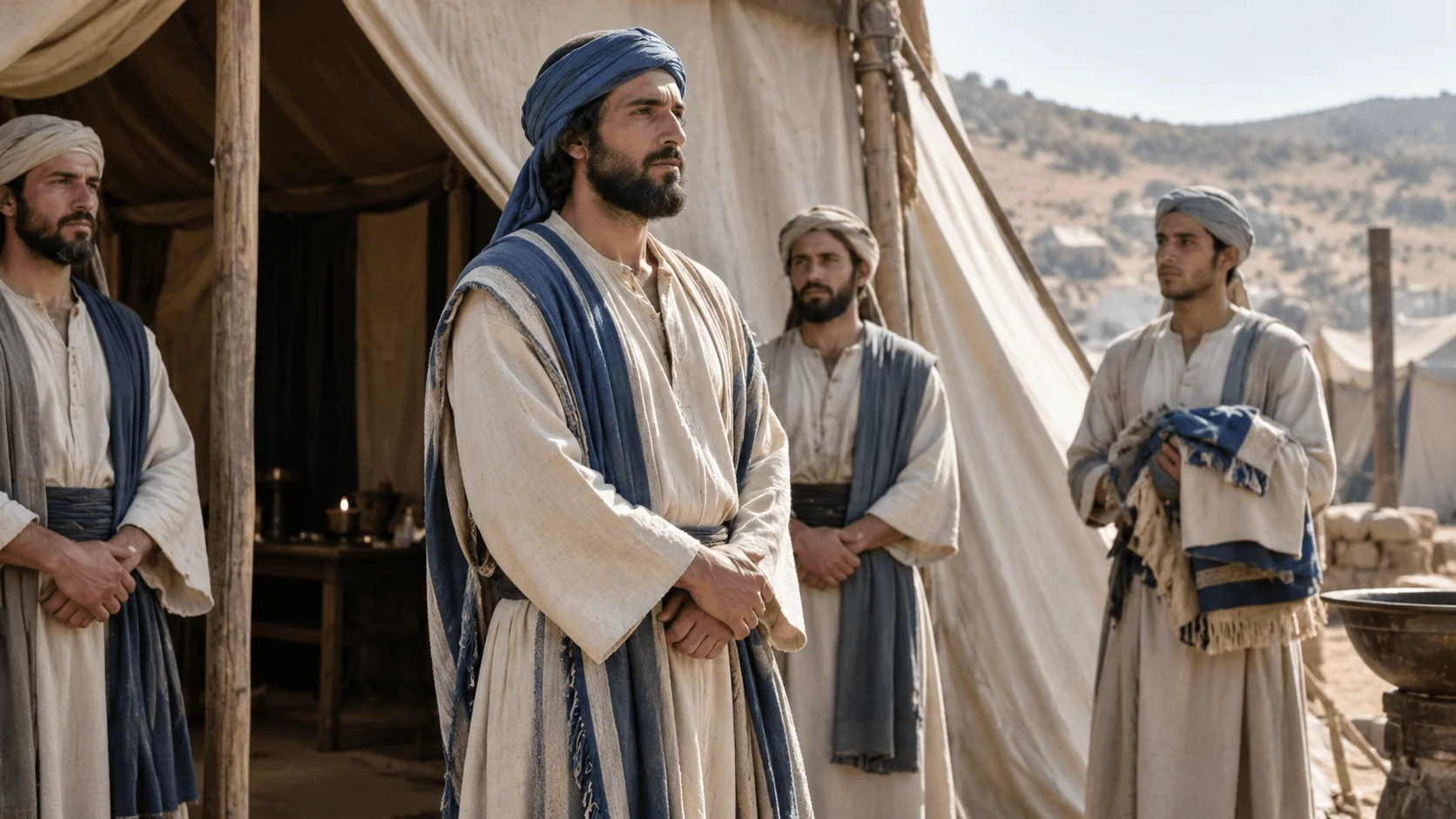 Phinehas son of Eleazar stands with attendants outside a linen tent.