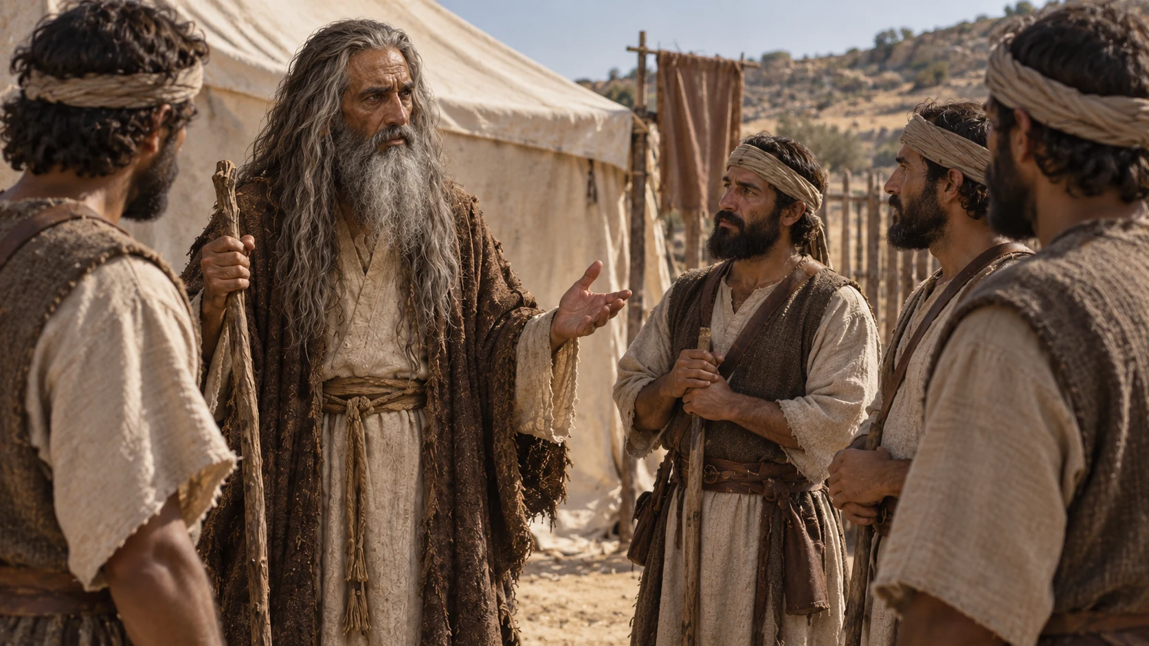 Samuel addresses adult gatekeepers beside a plain tent.