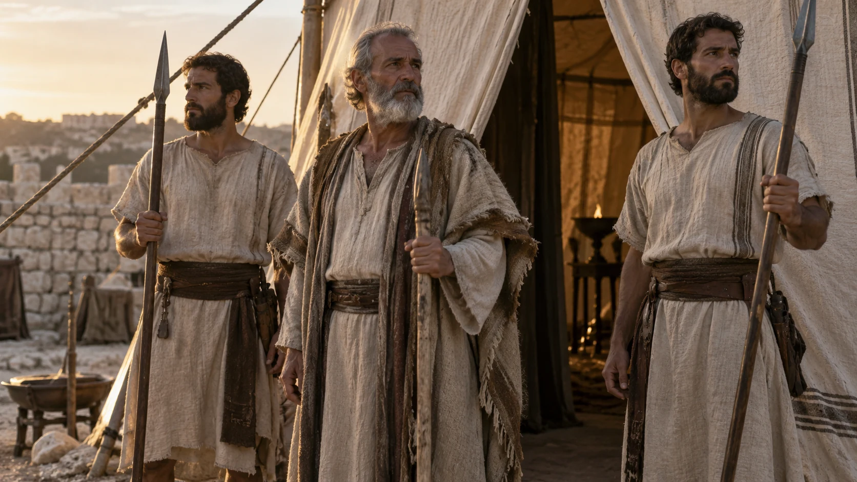 An older keeper and two adult sons guard a tent entrance.