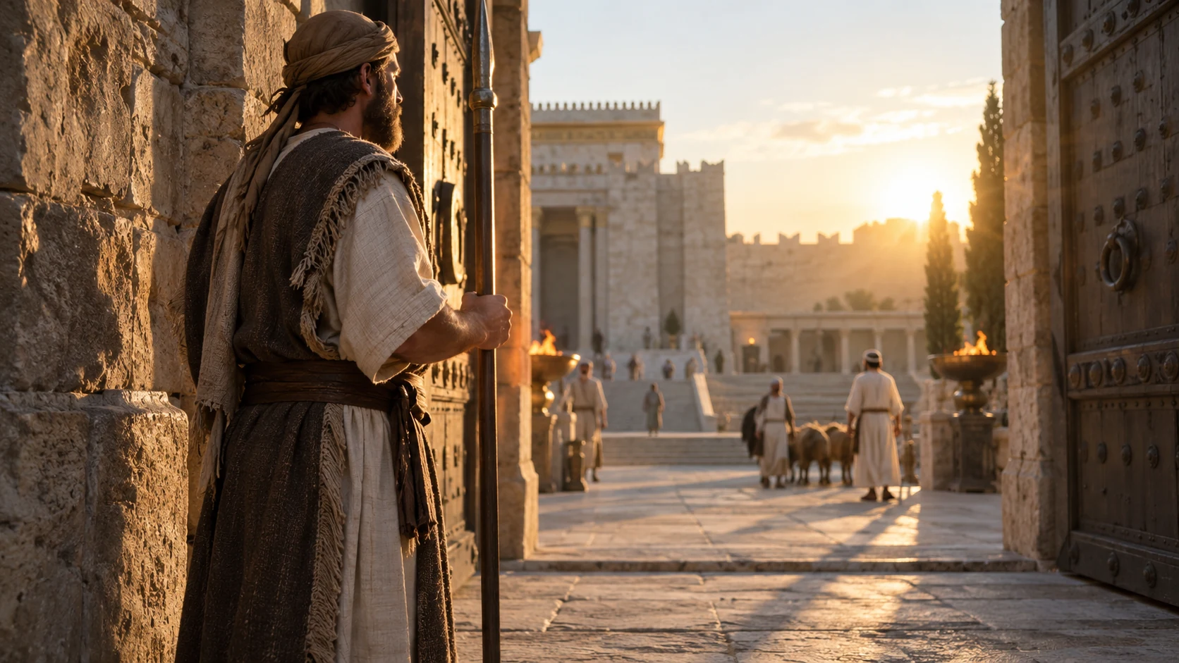 A keeper stands at a gateway in low morning light.