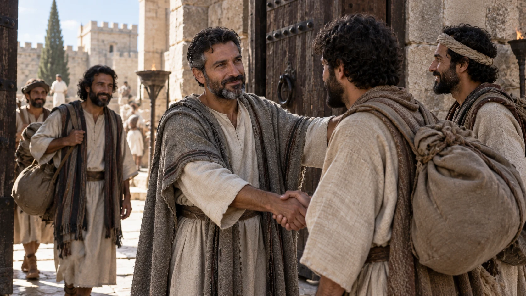Shallum welcomes brothers carrying travel bundles at a service entrance.