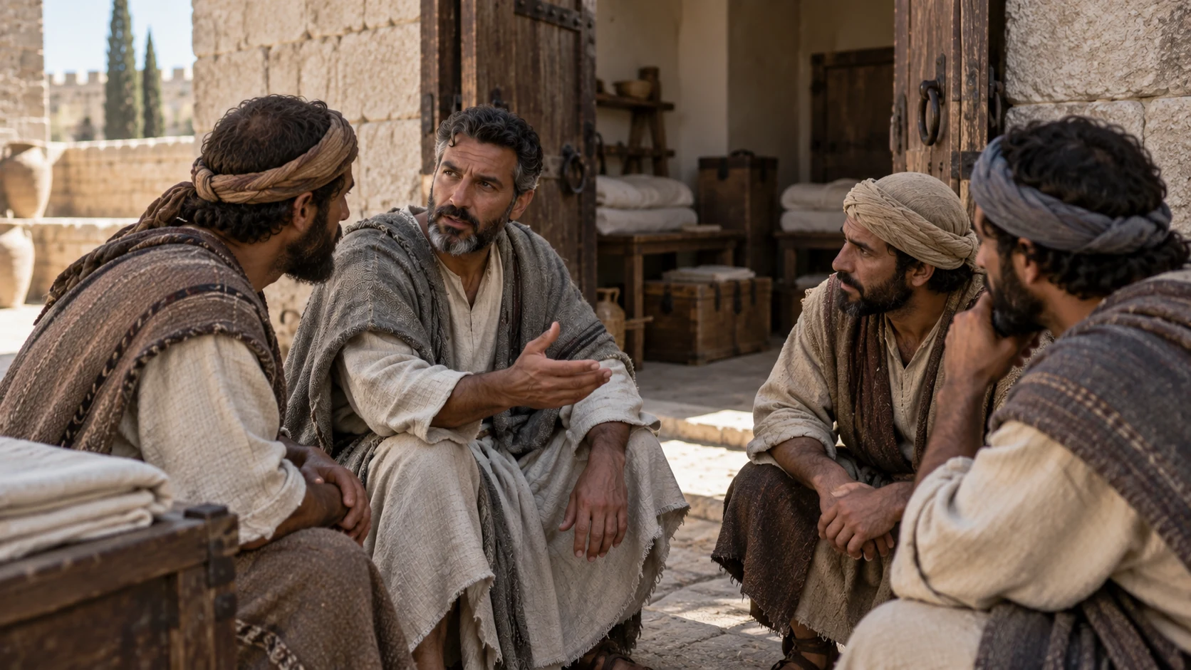 Shallum and fellow keepers confer beside open service chambers.