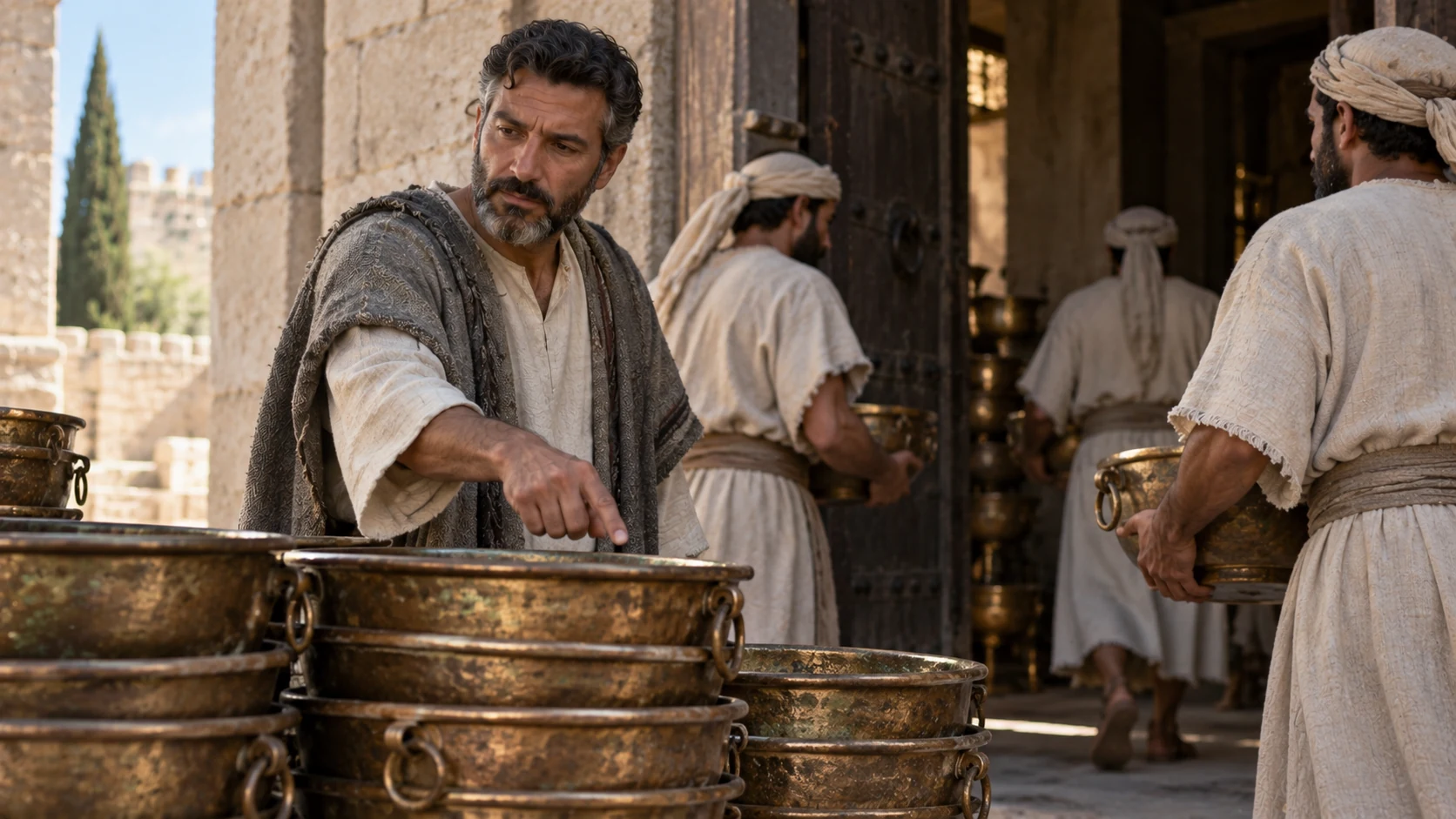 Shallum counts service bowls as Levites carry them inward.