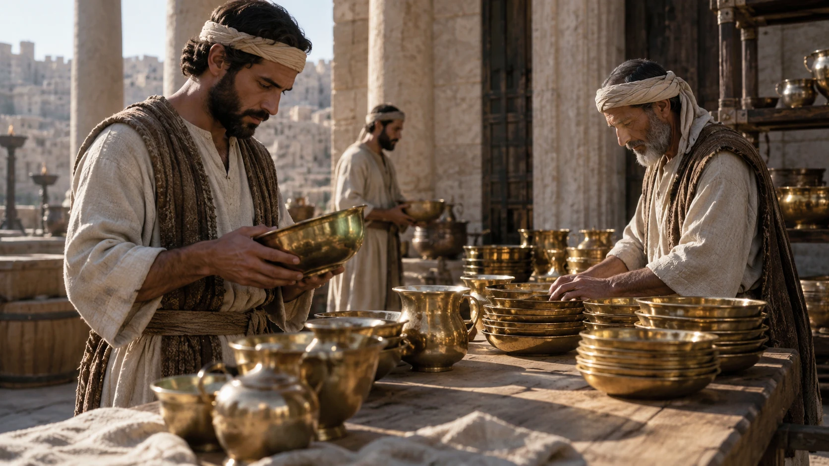 Levite keepers inspect and organize holy service vessels.