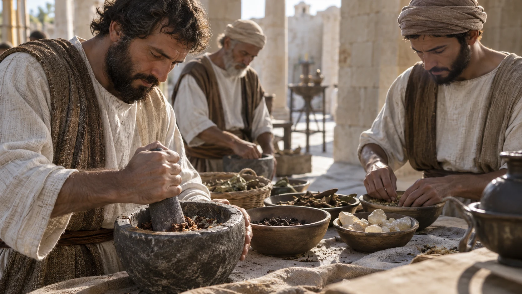 Priests grind and mix spices in stone bowls.