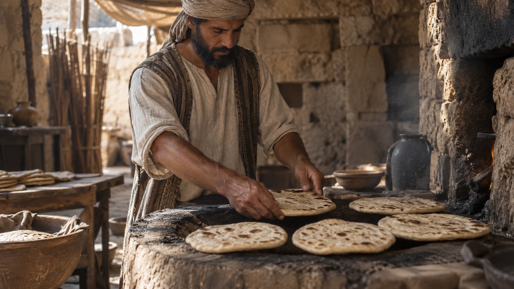 A Levite prepares flat cakes beside a stone hearth.