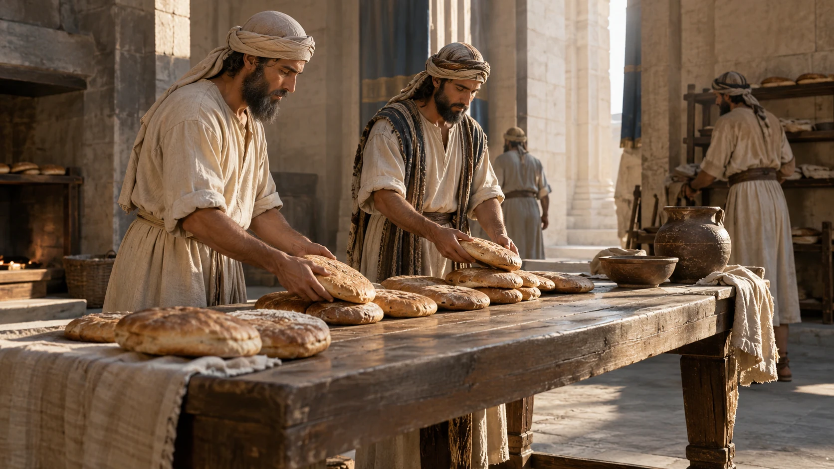 Kohathite brothers arrange prepared bread on a wooden table.