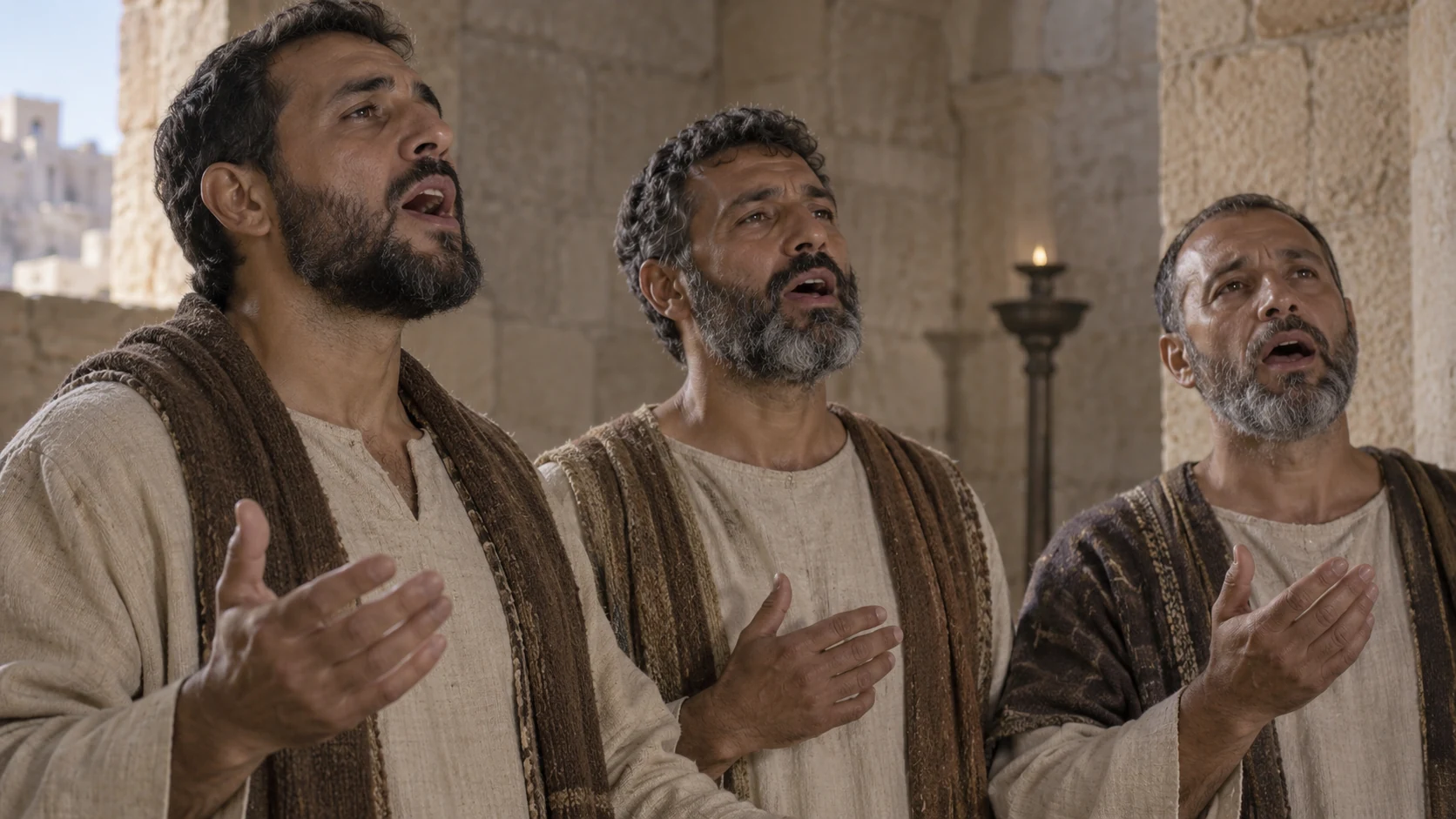 Three Levite singers sing together in a daylight chamber.