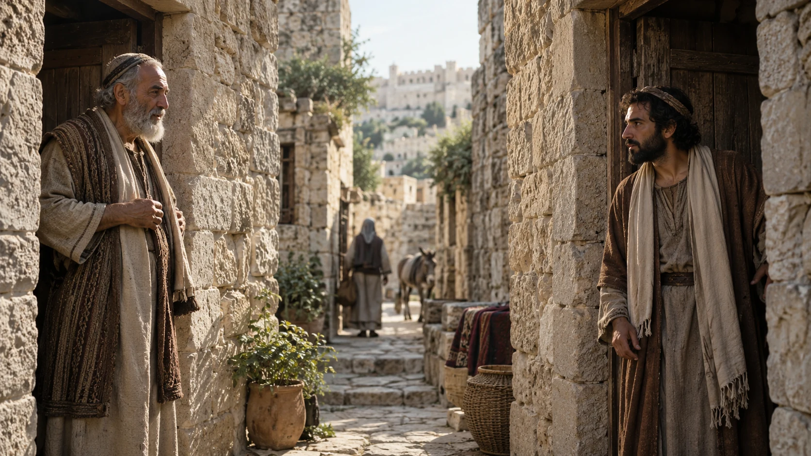 Relatives converse across a narrow Jerusalem household lane.