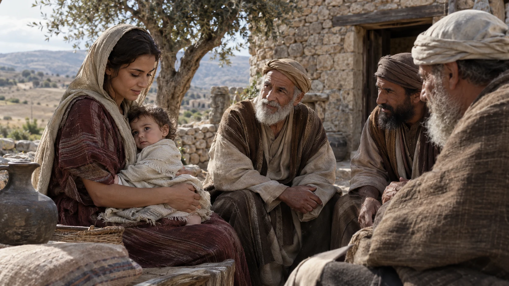 An extended household gathers beside a rural dwelling.