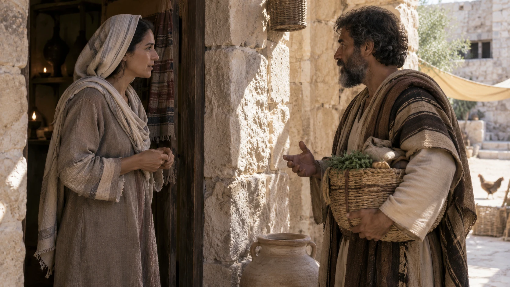 Relatives converse at opposing household thresholds.
