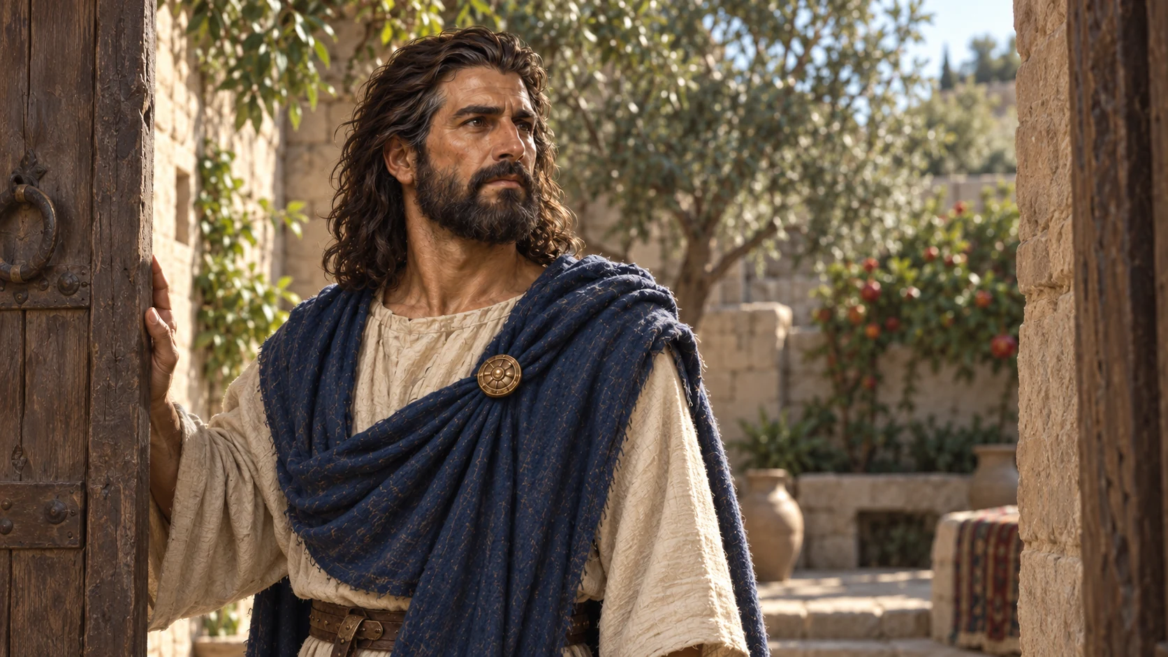 Saul stands beside a household doorway in indigo wool.