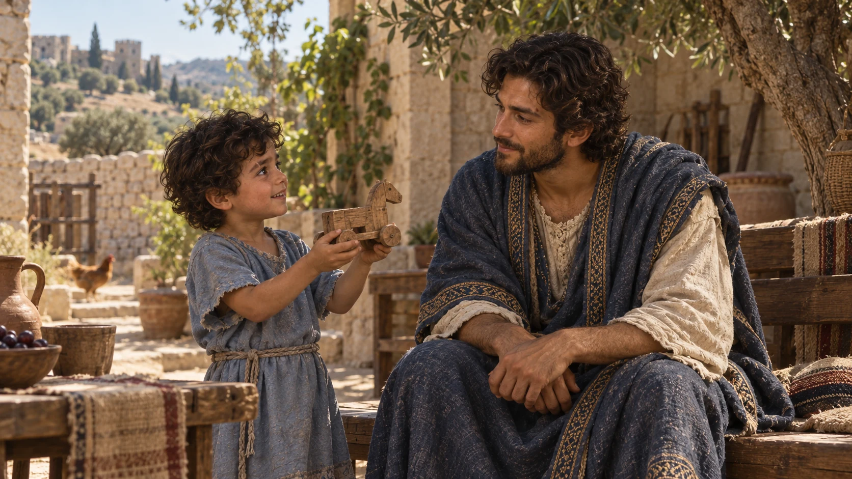 Merib-baal sits with his young son in a household courtyard.