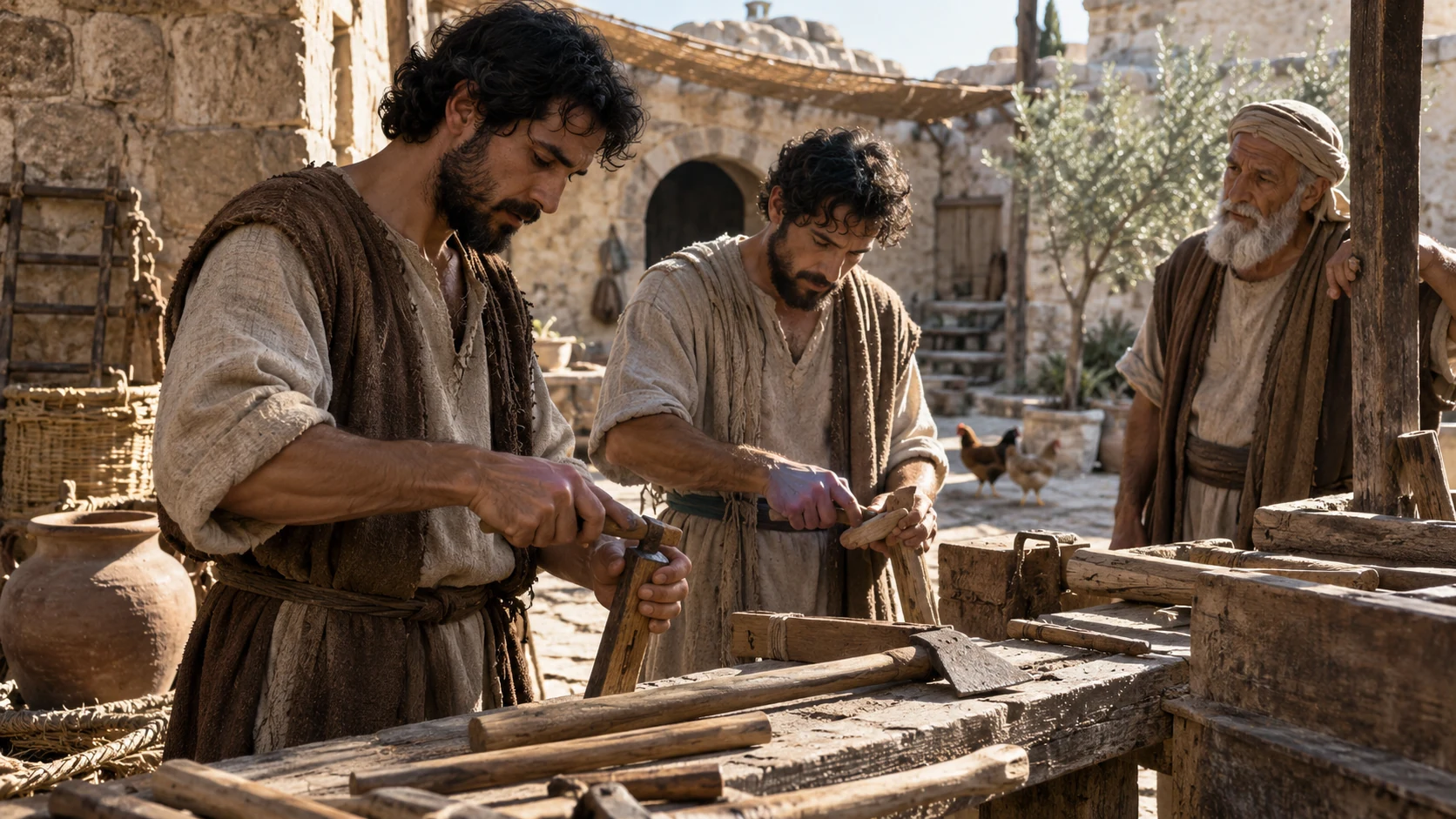 Young adults prepare wooden household tools under an elder’s supervision.