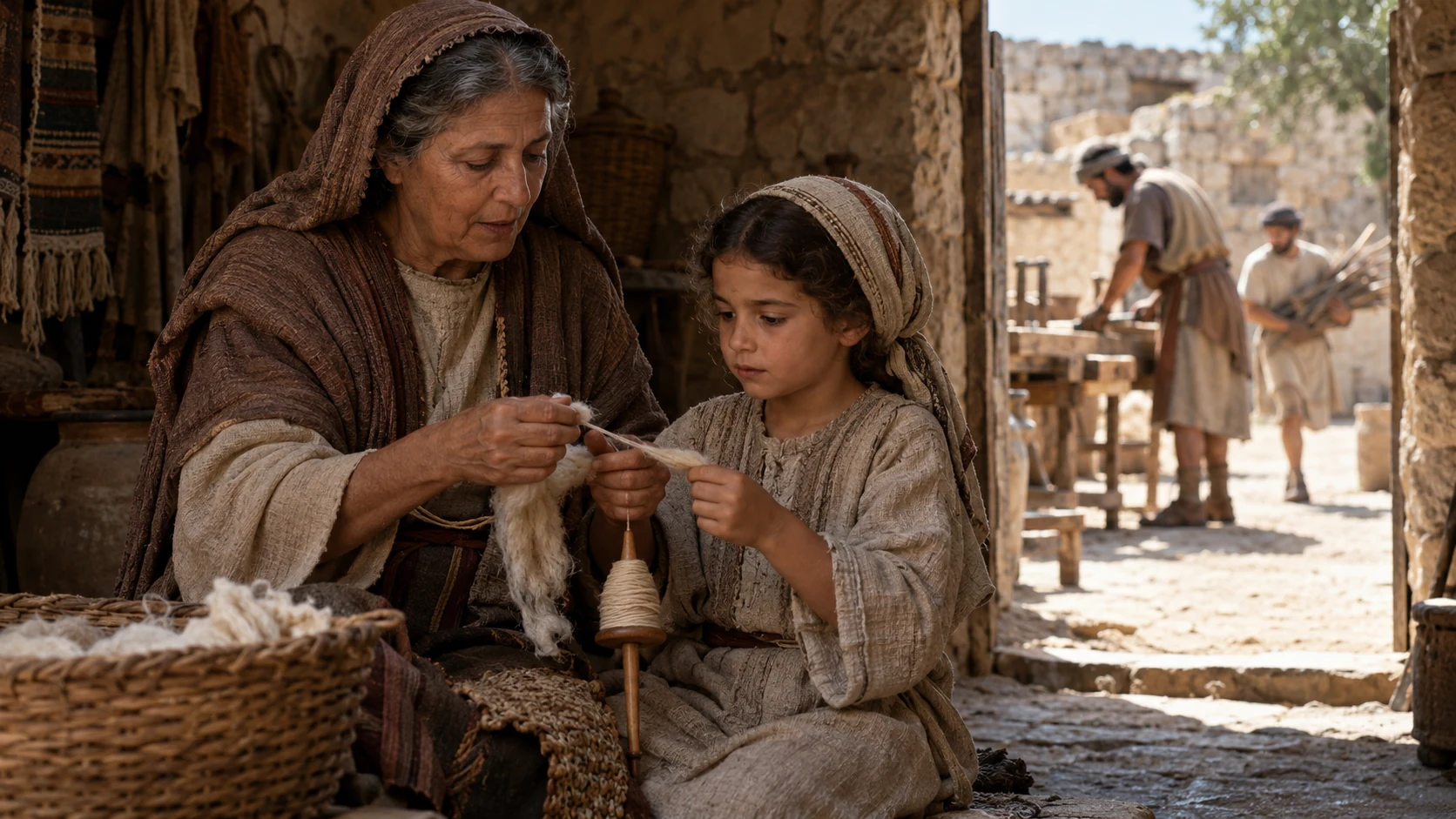An elder teaches a child to spin wool while adults work beyond the doorway.
