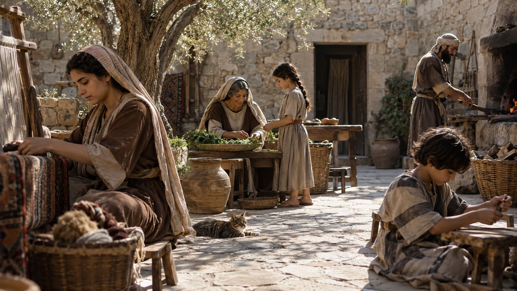 A household works at weaving, cooking, and preparing produce.