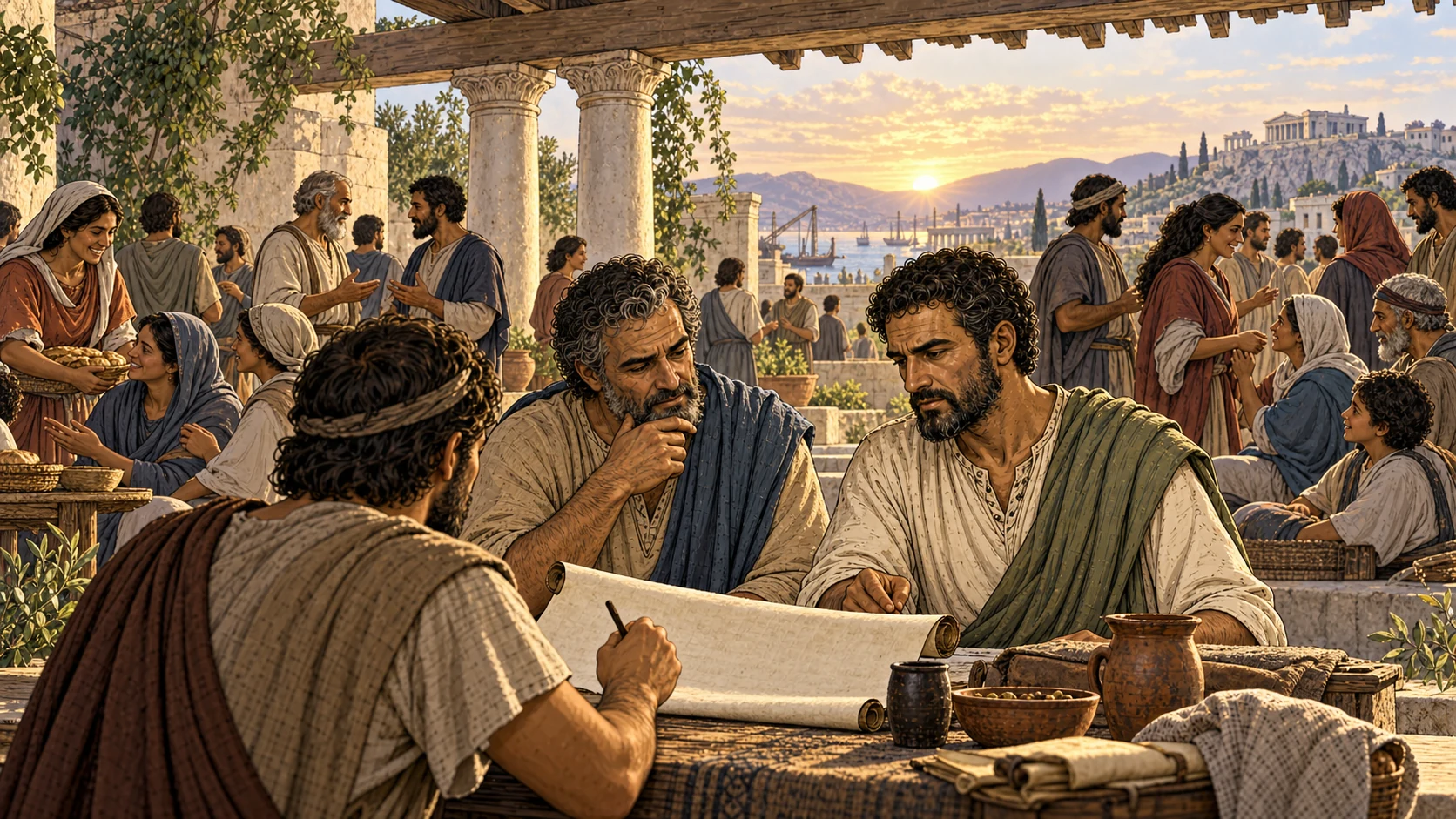 Paul and Sosthenes review an unreadable letter while the gifted Corinthian church practices teaching, mercy, fellowship, and hope.