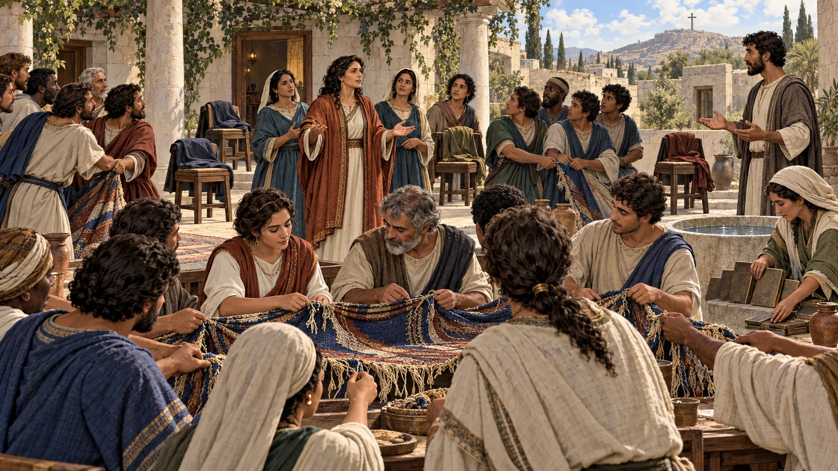 Chloe’s people alert a divided house church that begins repairing one torn mantle beside a common baptism basin.