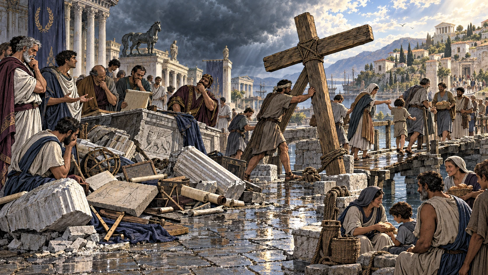 An unoccupied cross braces a repaired footbridge while a collapsed civic platform exposes the limits of worldly systems.