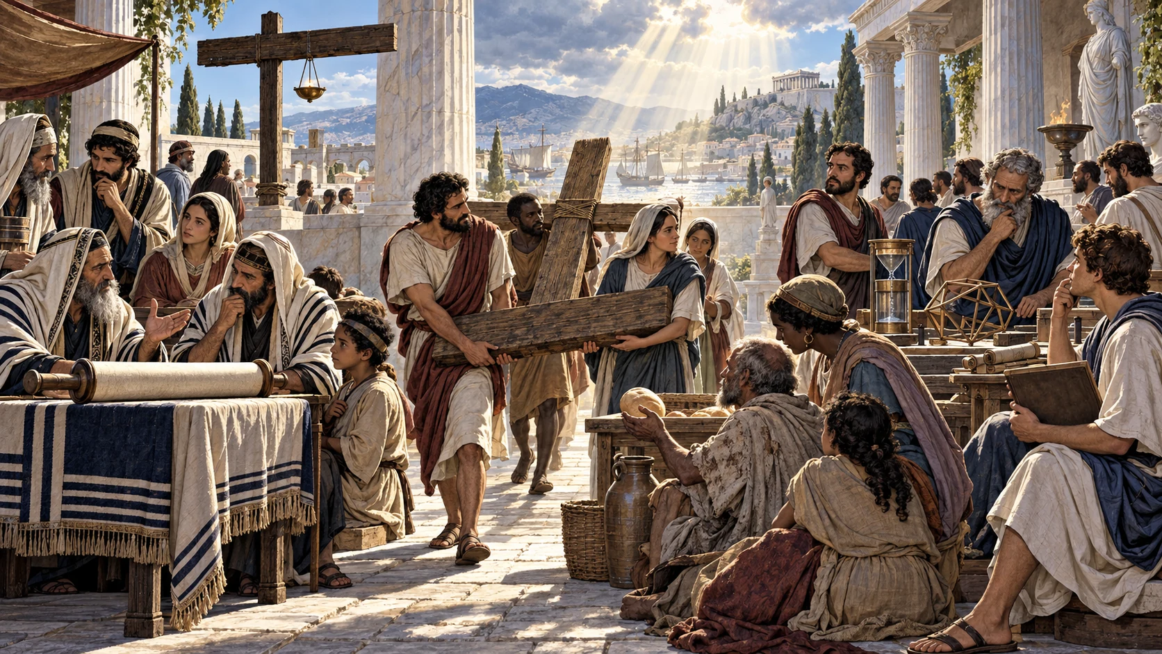 Jewish and Greek learning circles watch ordinary believers carry an unoccupied cross toward a table of service.