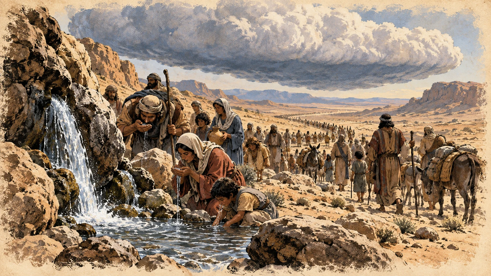 Israelites drink from a wilderness spring as the community journeys beneath a cloud.