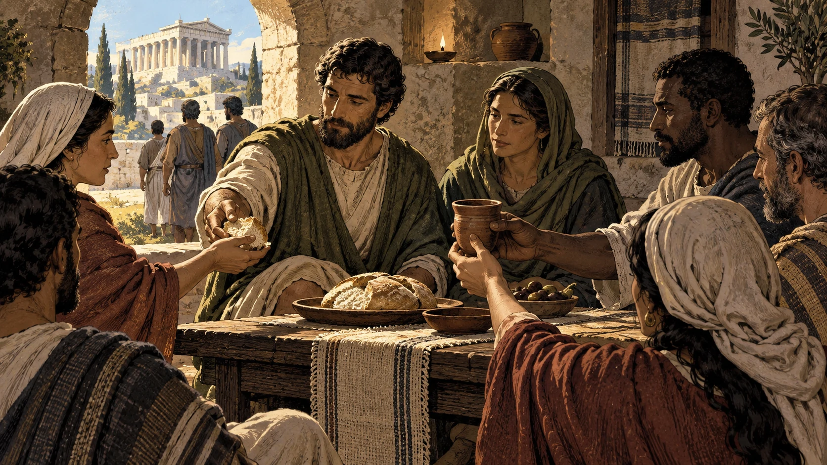 A Corinthian gathering shares bread and a cup at one table.