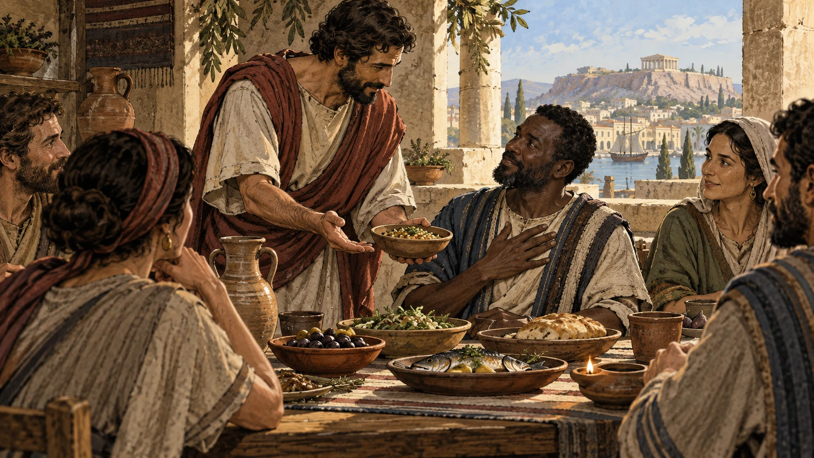 Adults offer food with consideration for others at a shared Corinthian meal.