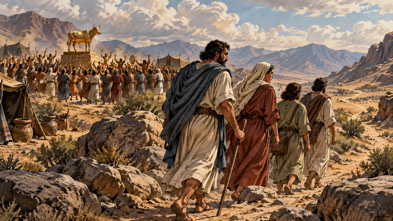 Some Israelites turn from a distant idol gathering toward an open desert path.