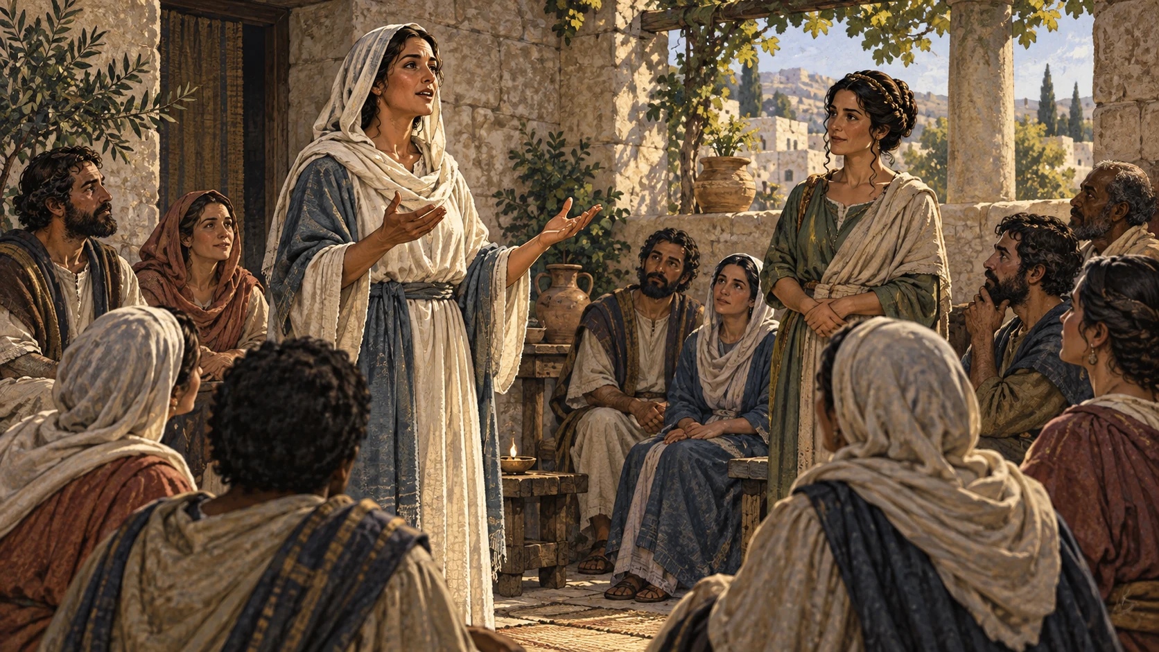 Women and men pray together in a Corinthian gathering with varied customary head coverings.
