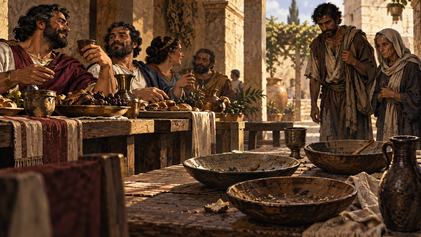 A wealthy group eats while poorer believers stand apart with little food.