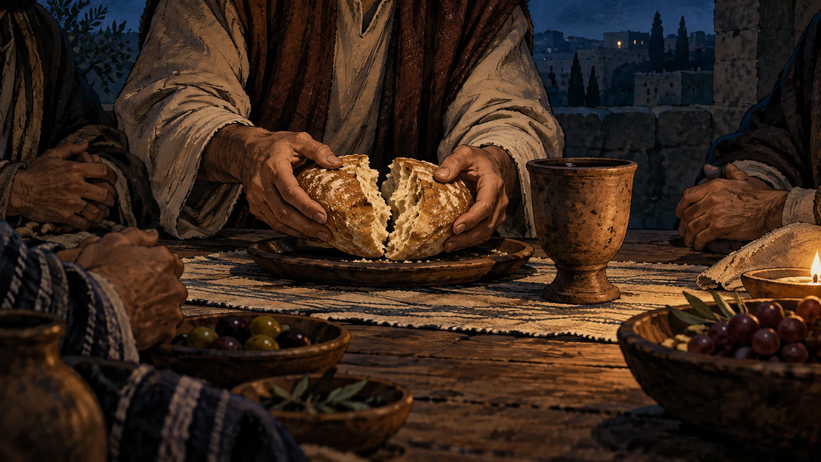 Hands break bread beside a cup at a simple evening table.