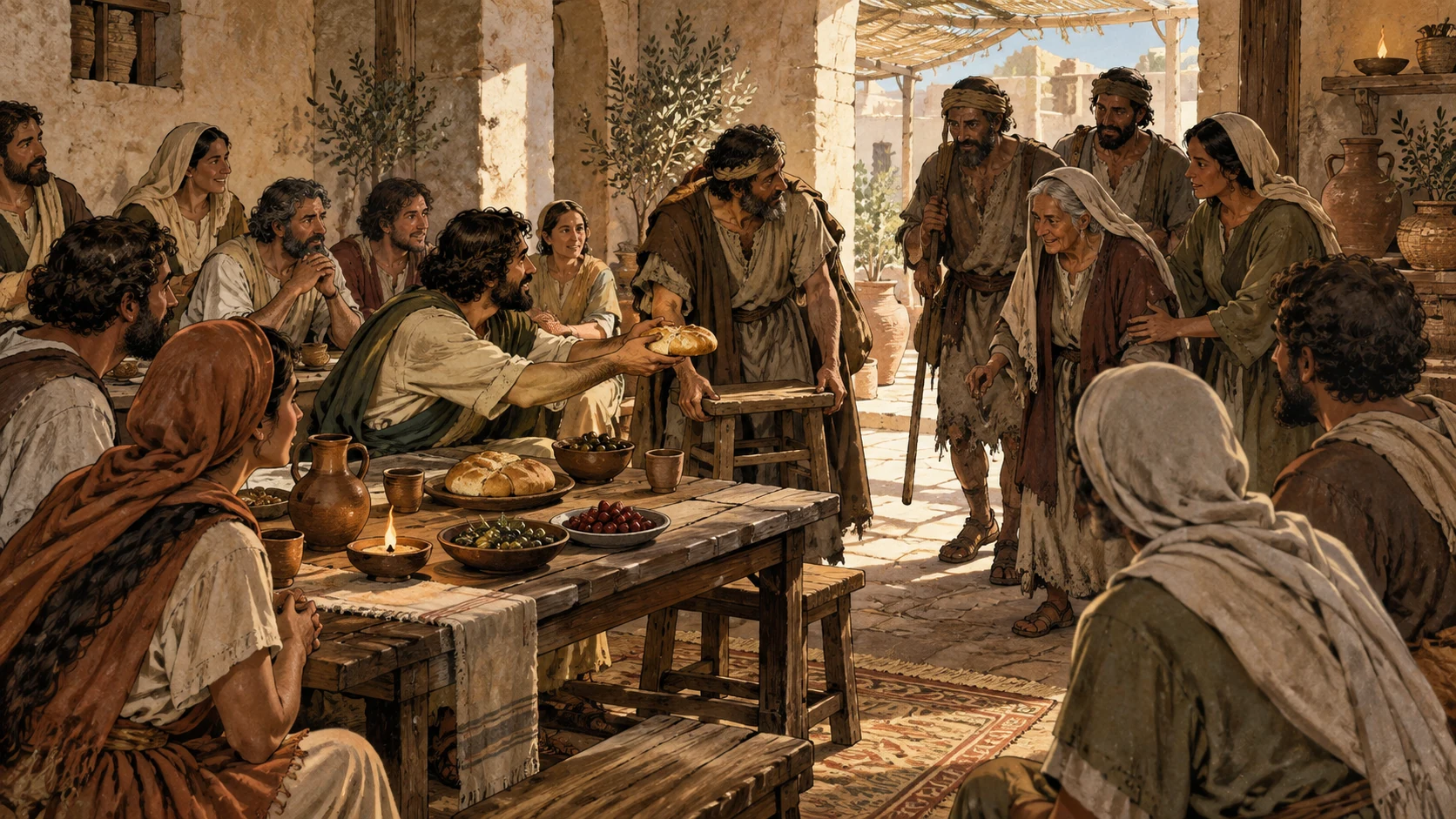 The gathering makes space and shares bread with late-arriving members.