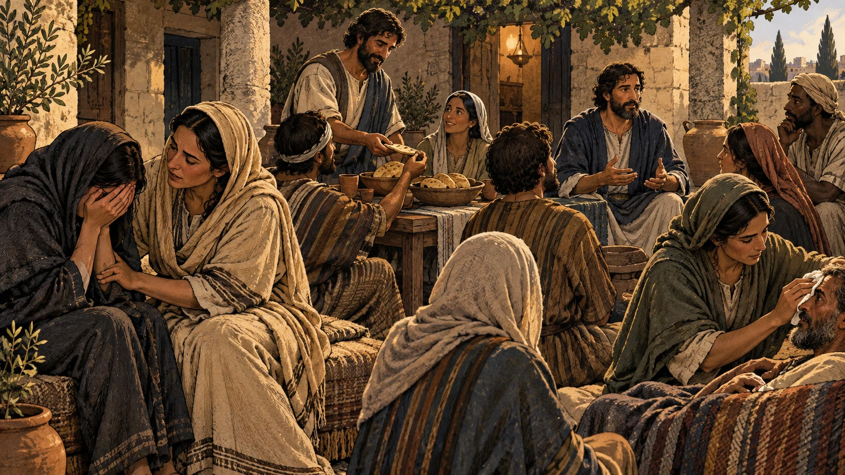 Believers offer care, food, and teaching within one gathering.