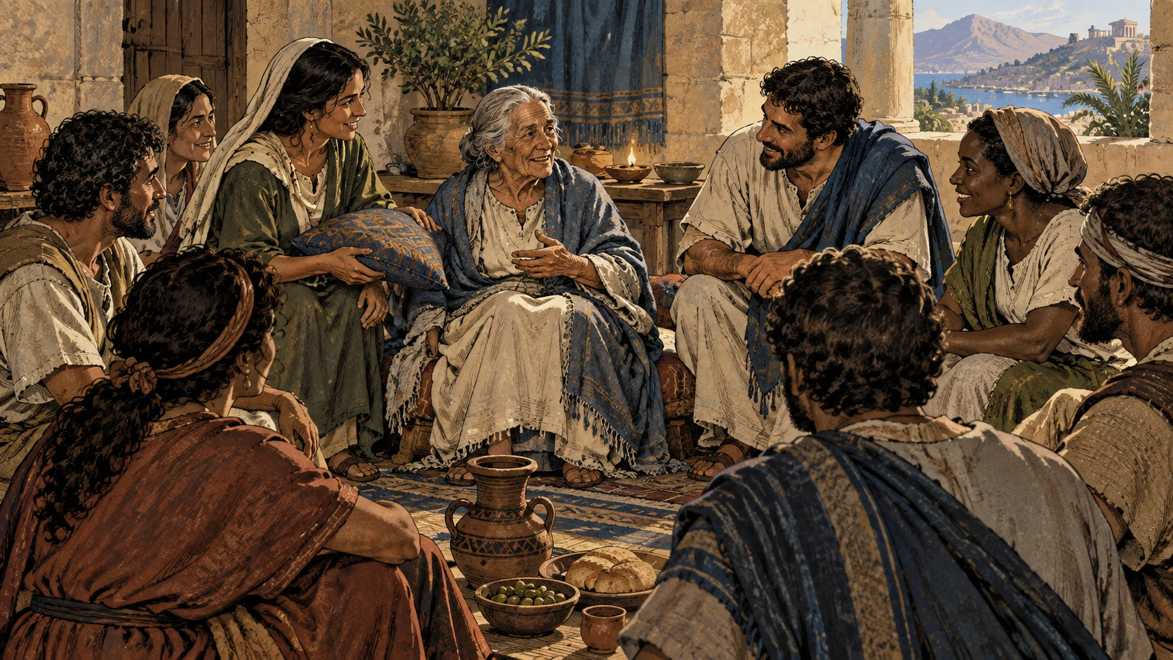 Adults attend to an older member and listen together at one level.