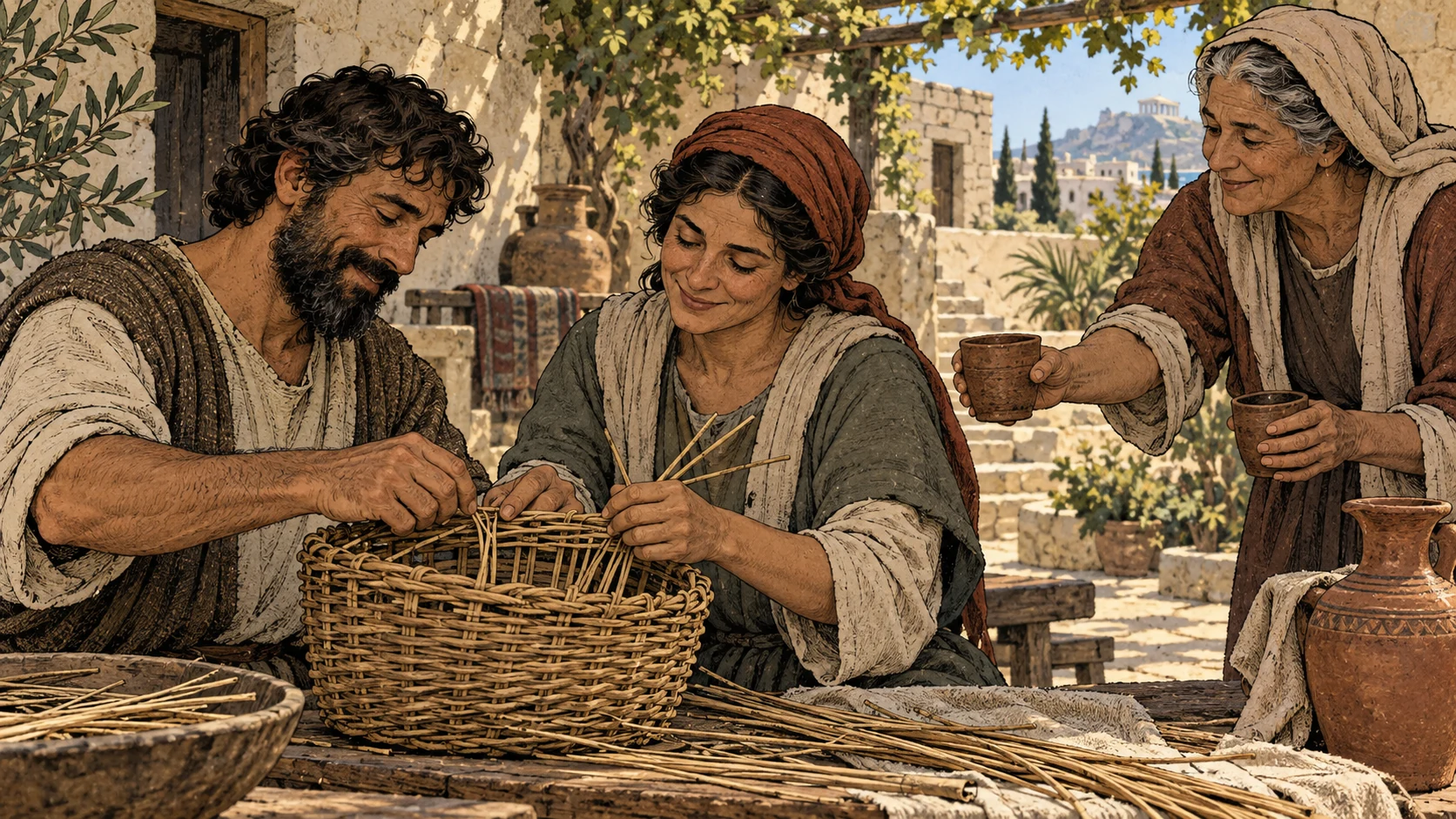 Adults weave and share ordinary work with patience and care.