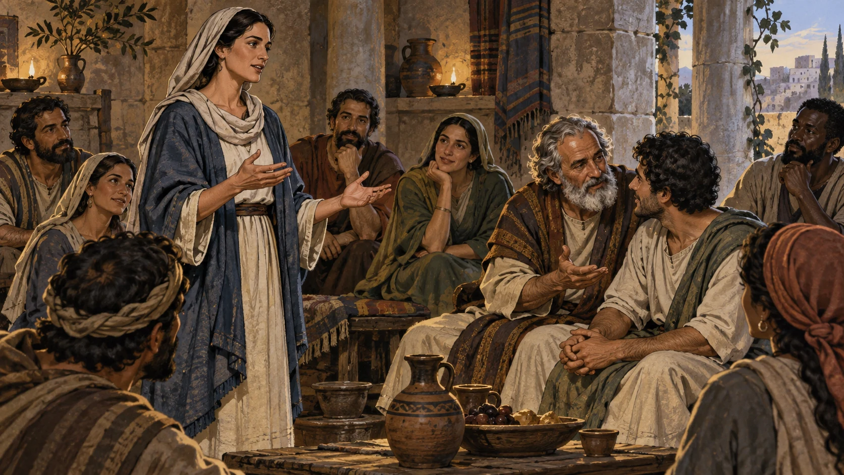 A woman speaks intelligibly to an attentive house gathering.