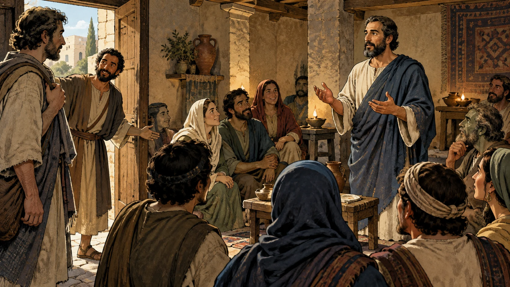 A visitor is welcomed into a gathering where one person speaks clearly.