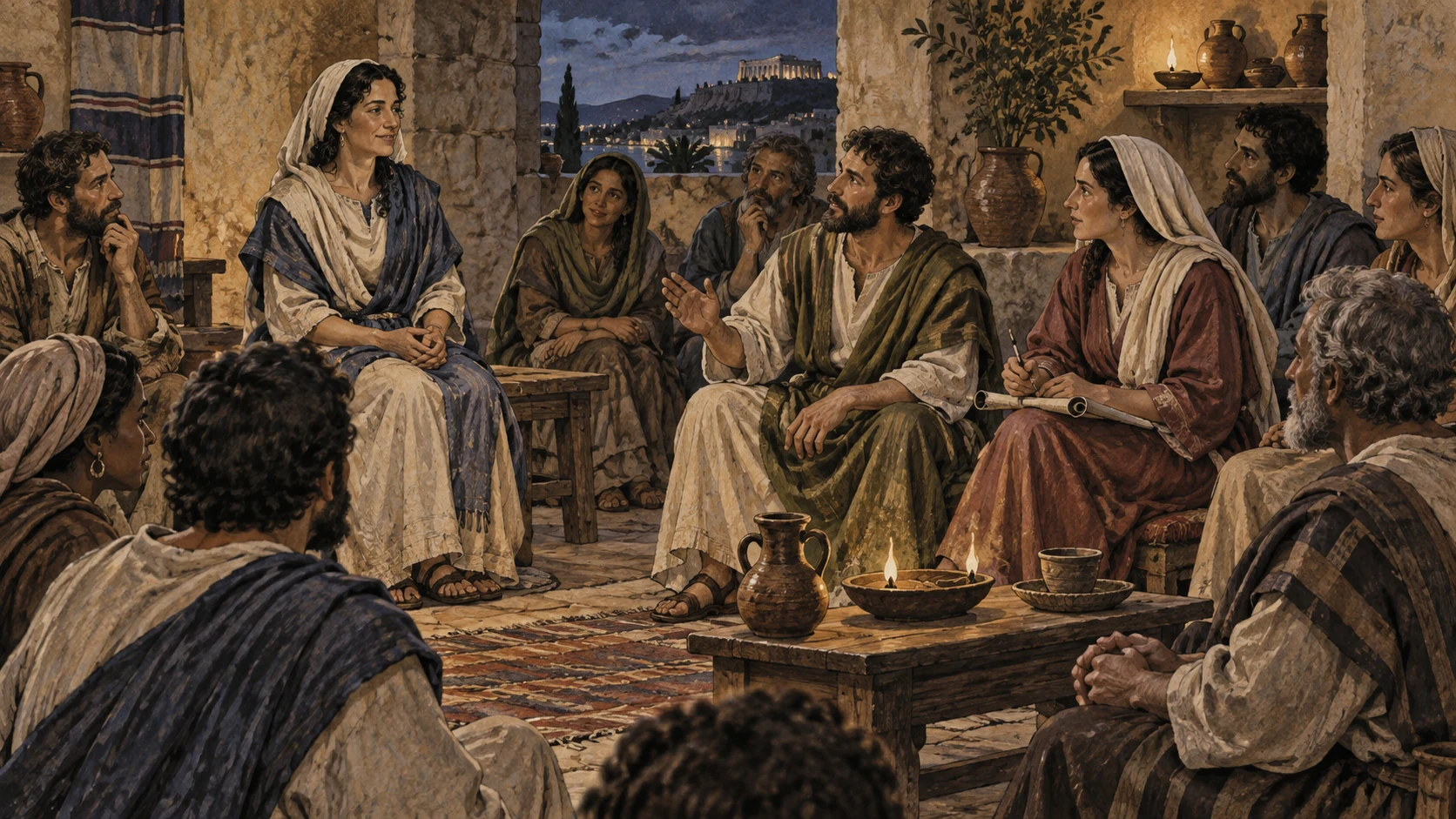 Participants listen and take turns in an evening gathering.