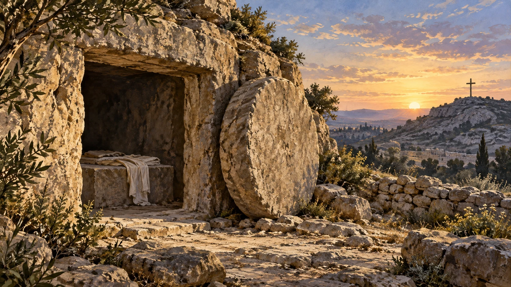 An empty rock-cut tomb at dawn, with a distant unoccupied cross.