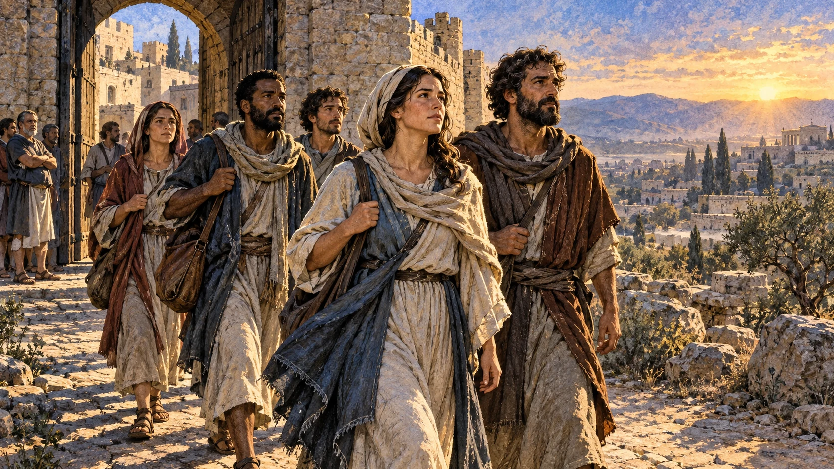 A small group walks together beyond a city gate at dawn.