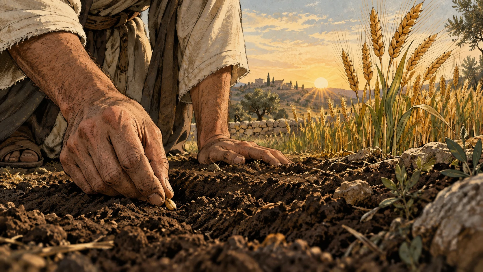 Hands plant a seed beside growing wheat.