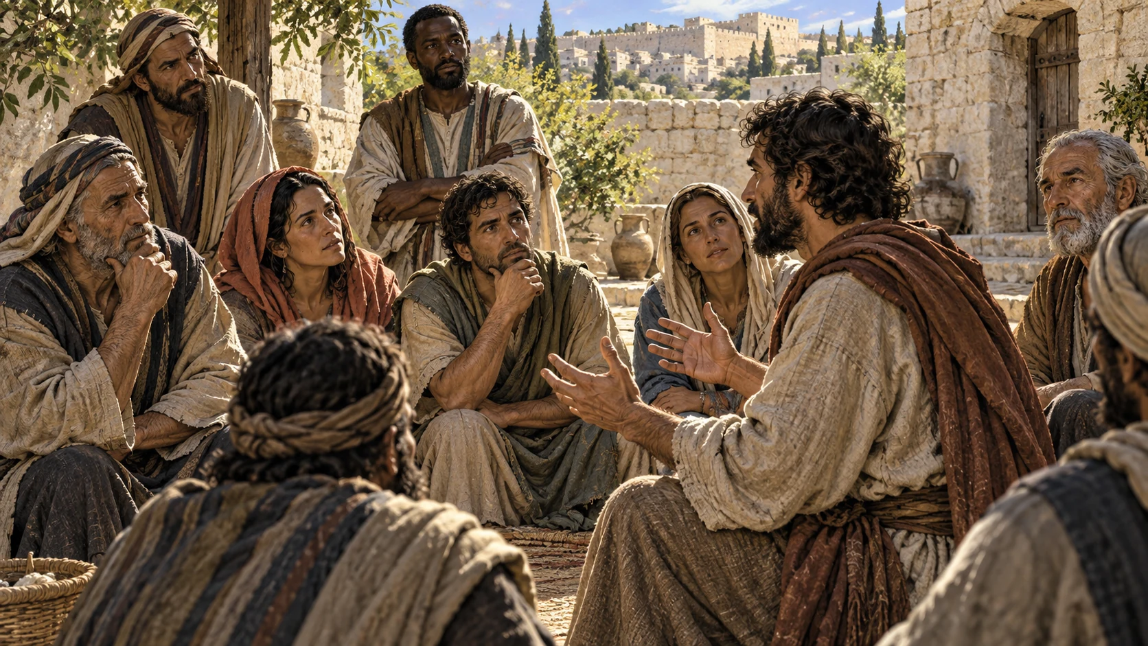 A group listens carefully as one adult recalls testimony of the risen Messiah.